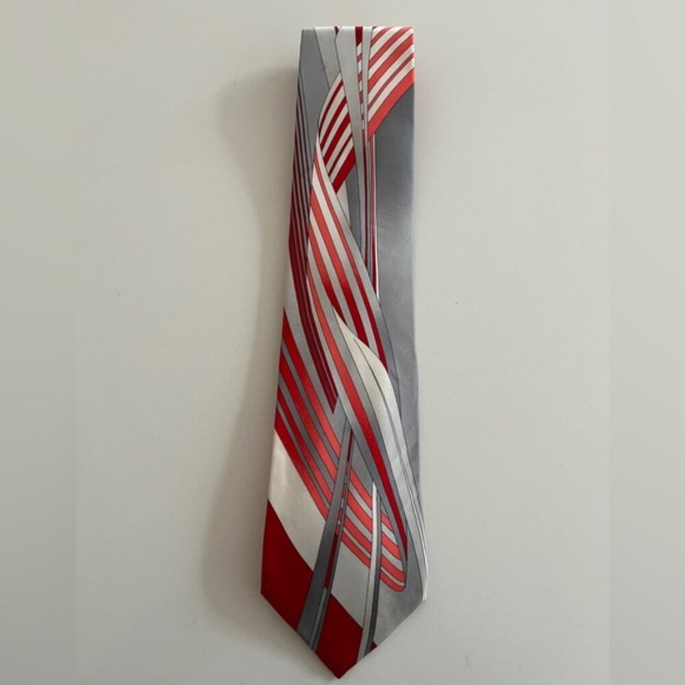 Vitaliano Pancaldi 100% Silk Tie Made Italy Red Grey Geometric Modern Pattern